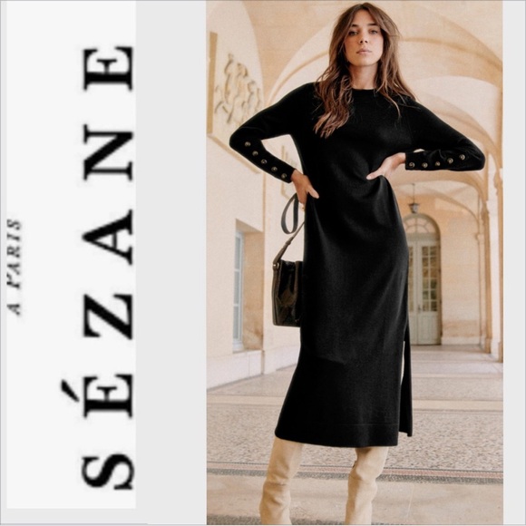 Sezane Dresses & Skirts - Sezane knit sweater midi dress black M 100% Merino wool